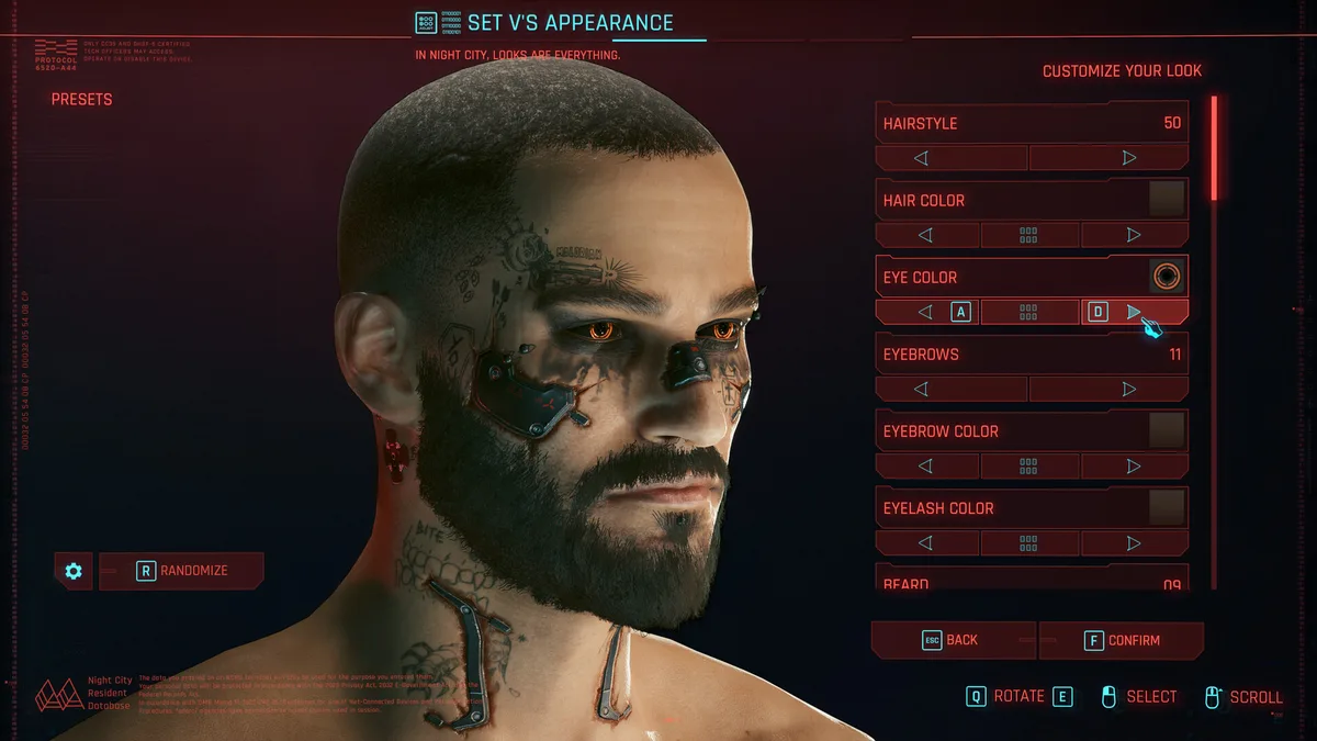 Cyberpunk 2077 character creation — customize V's appearance including hairstyle, cyberware and tattoos