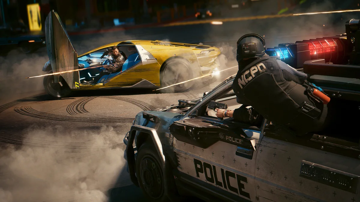 Night City street combat scene — NCPD pursuit with iconic yellow Quadra