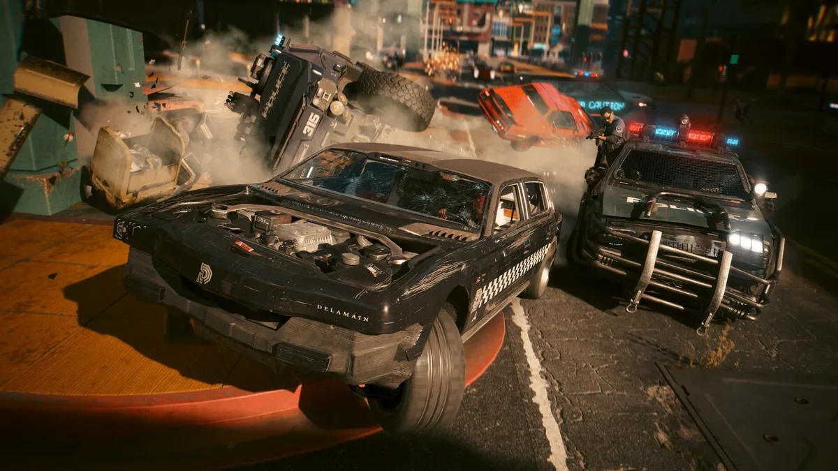 Vehicle combat in Night City — Cyberpunk 2077 features intense car chases and action sequences