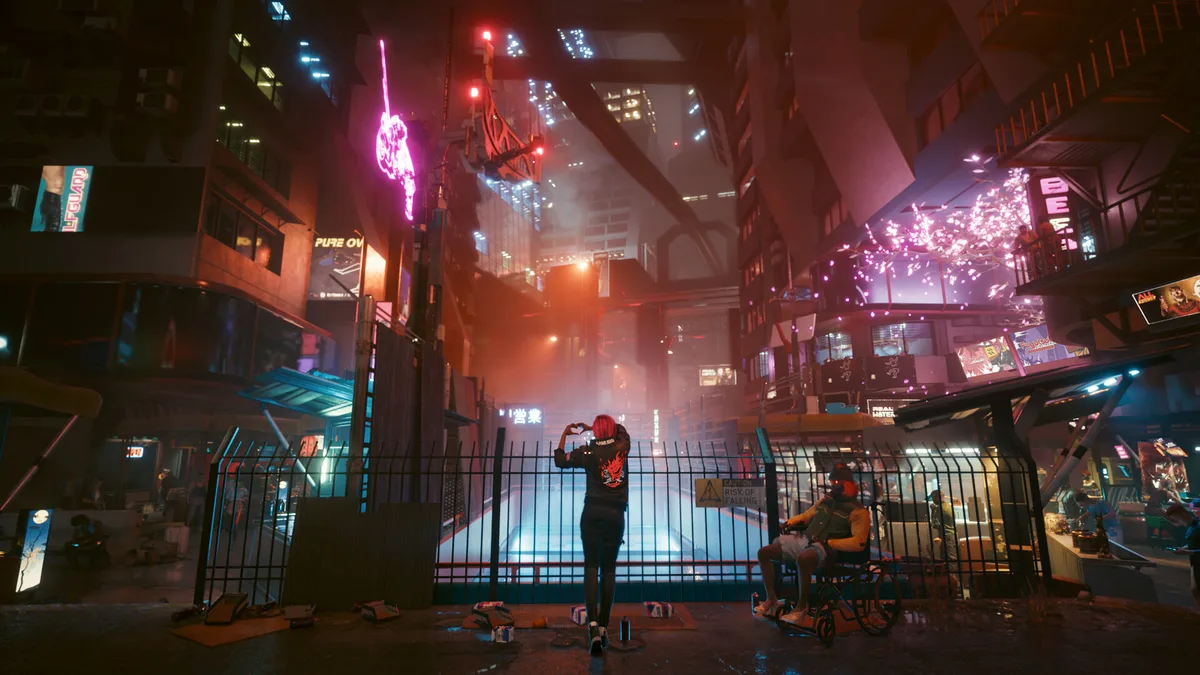 Night City neon-lit streets — the sprawling megacity where Cyberpunk 2077 takes place